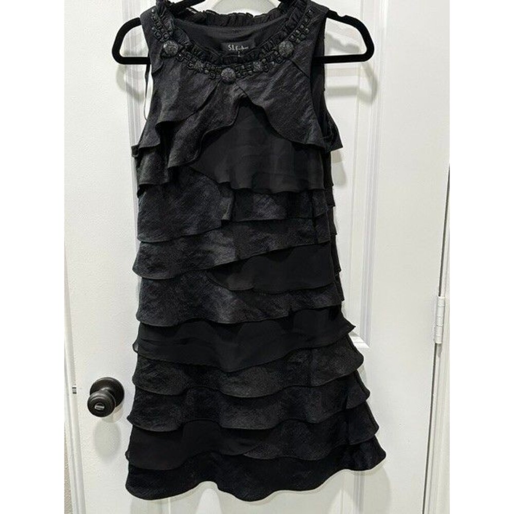 NWT S.L. Fashions Black Tiered Ruffle Beaded Neck Cocktail Dress Size 6